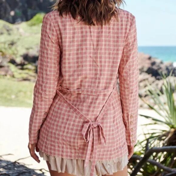 Free People Olivia Gingham Pink Plaid Check Blazer Jacket Large NEW - Picture 8 of 9